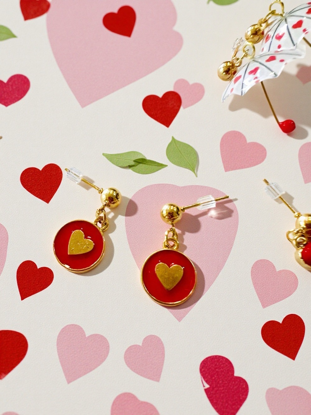 Teeny Tiny Umbrella Gold-Tone Red Hearts and Hearts Drop Earring Set of 3 - Picture 9 of 16